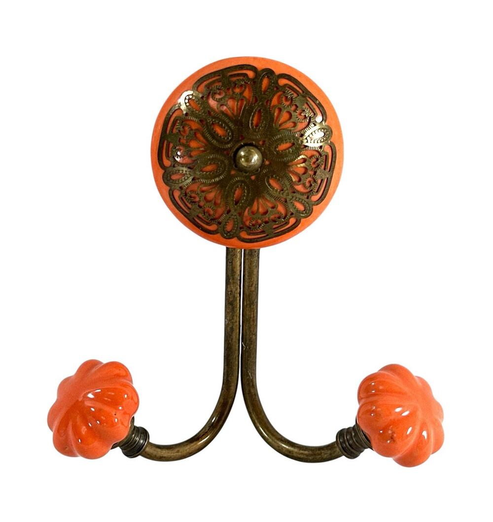 Orange Ceramic Pumpkin Knob Double Wall Hook Antique Brass Tone Filigree